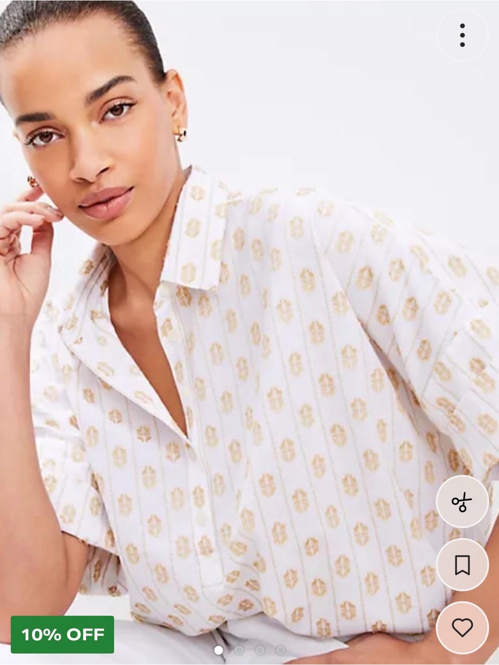 LOFT White Button-Up Blouse with Gold Print